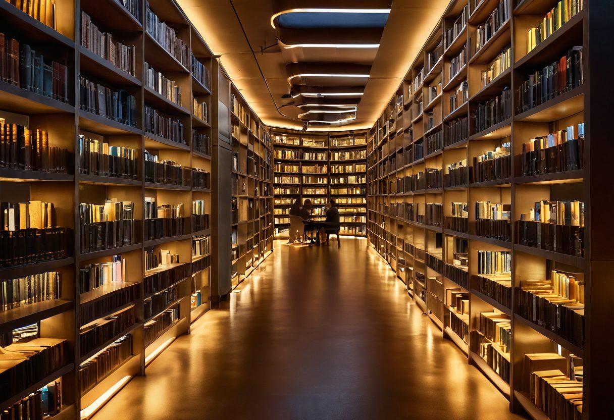 A winding pathway leading through a vibrant library filled with towering bookshelves on each side, illuminated by soft golden light. Data streams in futuristic patterns subtly integrate into the background, symbolizing the flow of information. Scholars of diverse backgrounds are engaging with digital devices, eager to learn. The atmosphere should evoke curiosity and inspiration. super-realistic. vibrant colors. soft illumination.