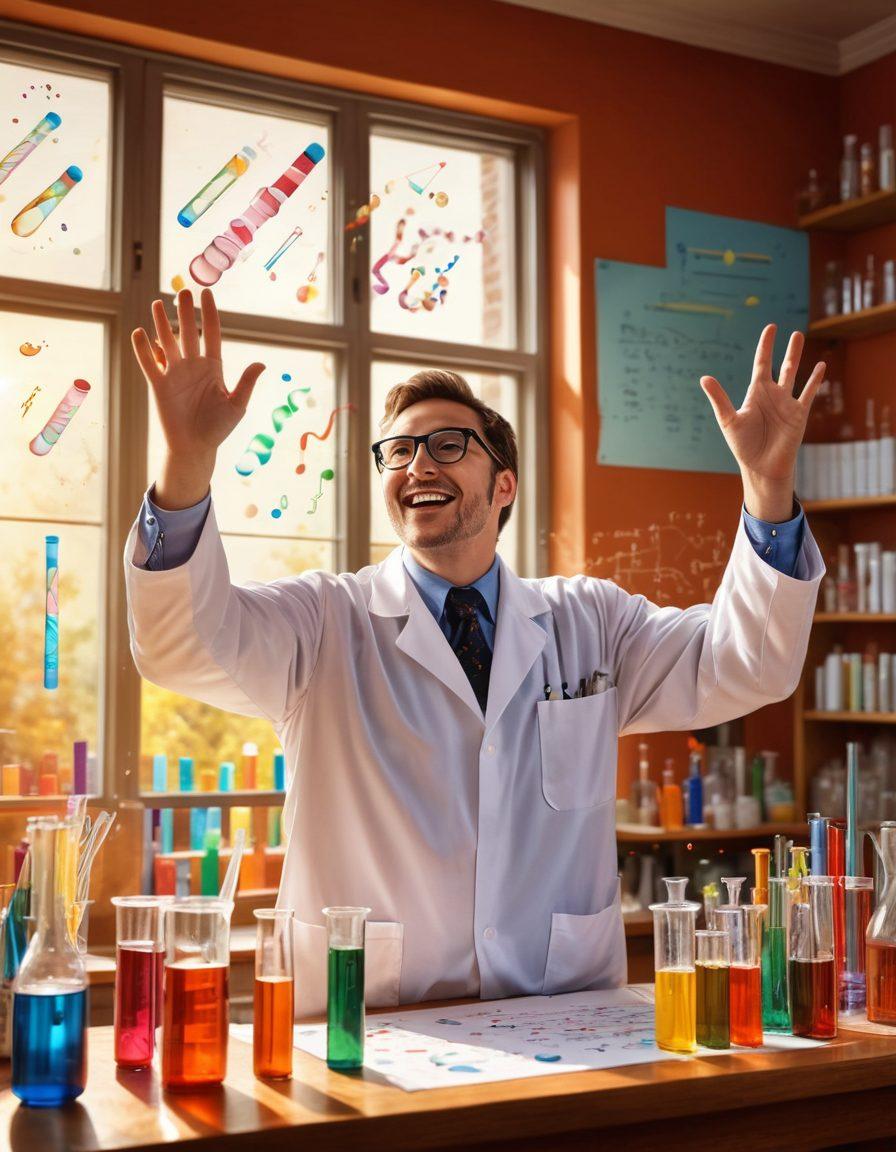 An exuberant scientist joyfully immersed in a vibrant lab filled with colorful test tubes and scientific equipment, surrounded by swirling equations and graphs in the air, symbolizing enthusiasm and discovery. The atmosphere should be bright and inviting, with a warm color palette that evokes excitement for learning and exploration. The background shows a window with sunlight pouring in, illuminating the scene. super-realistic. vibrant colors. cheerful ambiance.