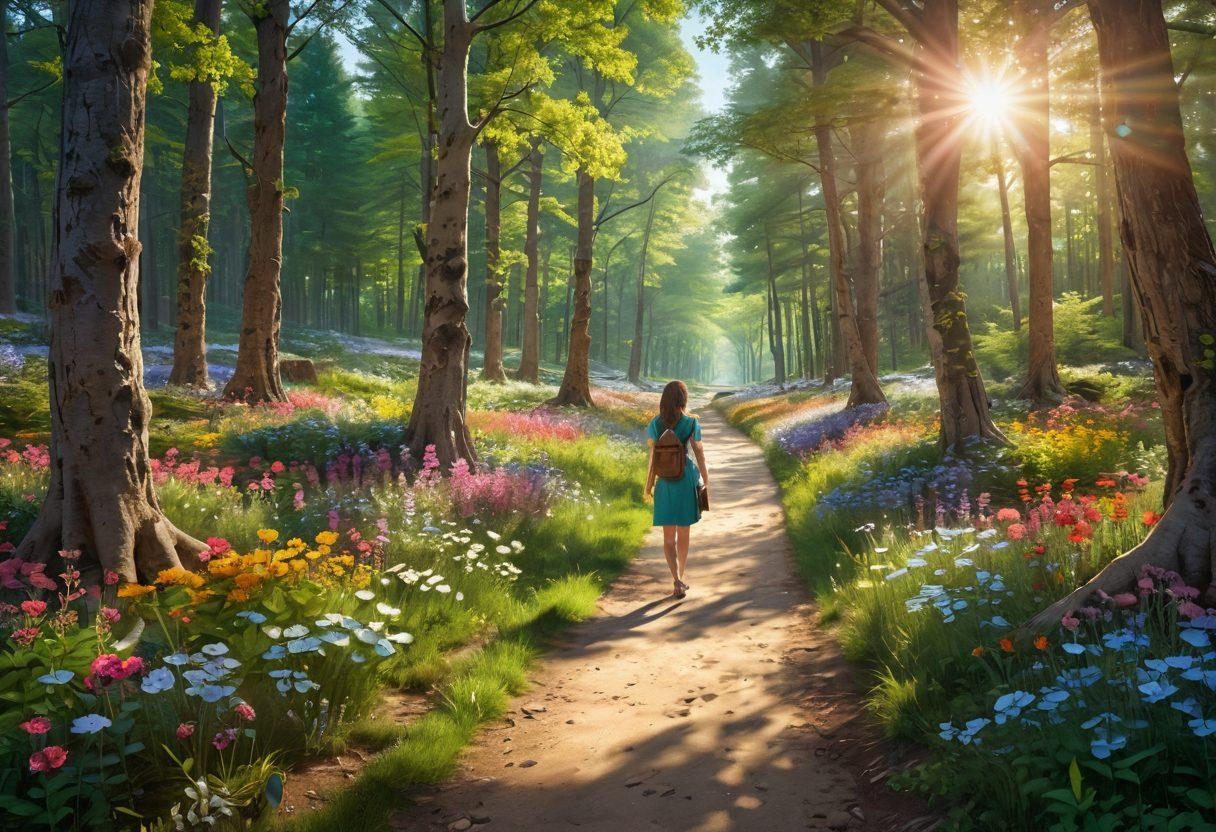 A serene landscape depicting a sunlit path leading through a vibrant forest filled with blooming flowers and scholarly books scattered throughout, symbolizing exploration and knowledge. In the distance, a bright sun casts a warm glow, reinforcing a sense of optimism and joy. A cheerful figure is examining a map, representing curiosity and the pursuit of data. The scene should evoke inspiration and positivity. super-realistic. vibrant colors. 3D.